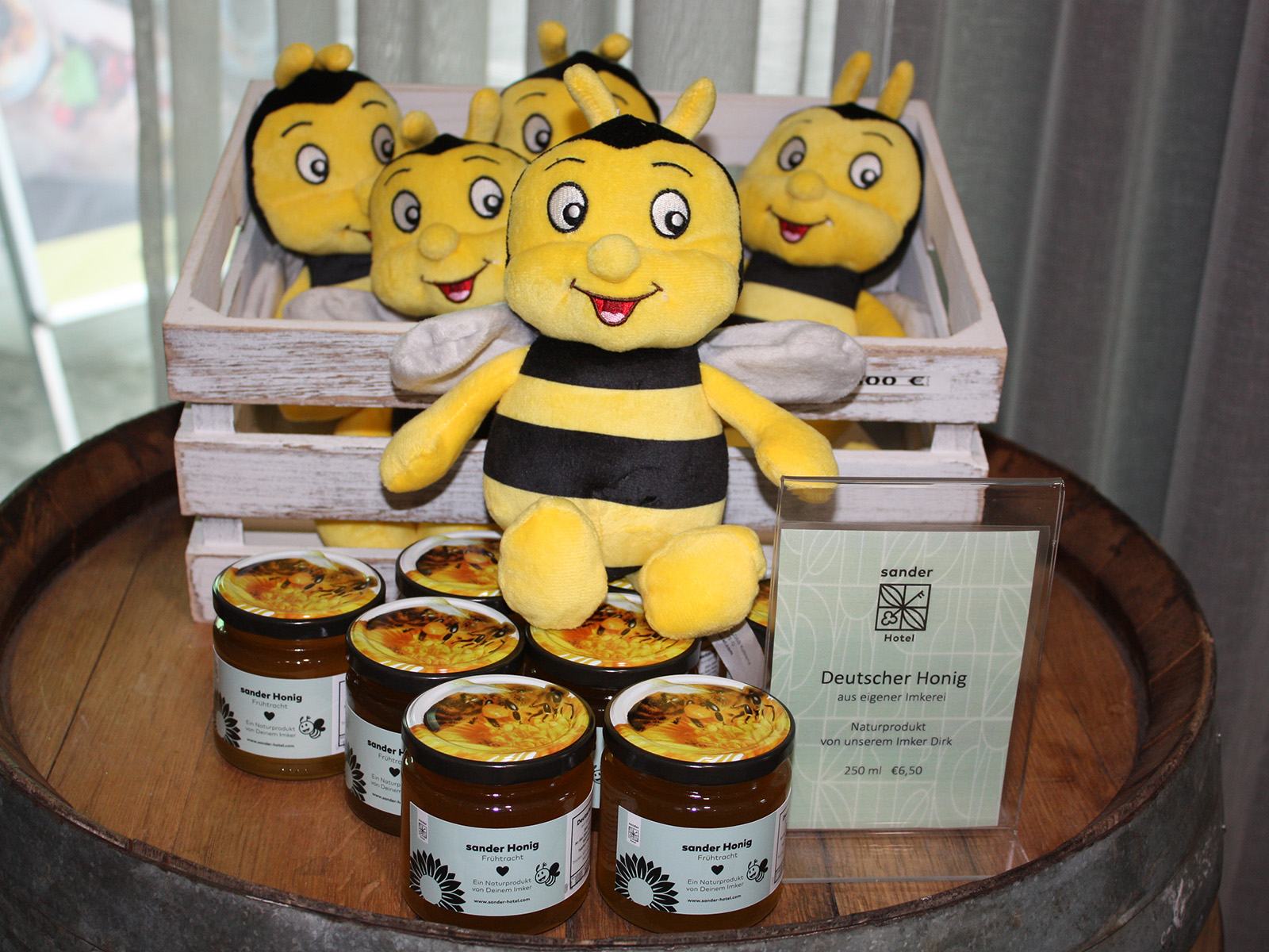 Our honey and plush bees at our reception